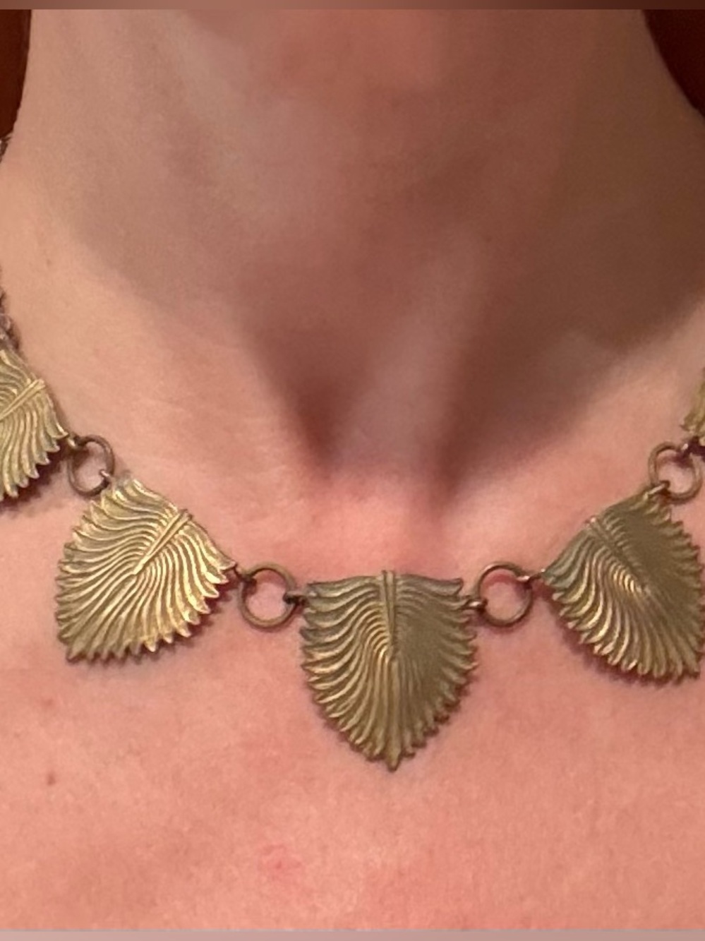 Antique Vintage Egyptian Revival Brass Palm Frond Leaf Necklace